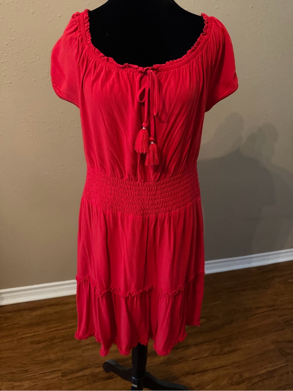 American Eagle Outfitters Bright Red Tiered Short-Sleeve Dress
